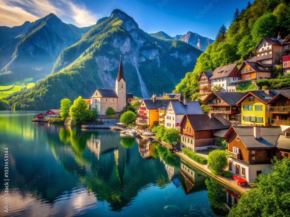 Stunning Macro View of Hallstatt Village in the Austrian Alps During Summer Light Stunning Macro View of Hallstatt Village in the Austrian Alps During Summer Light