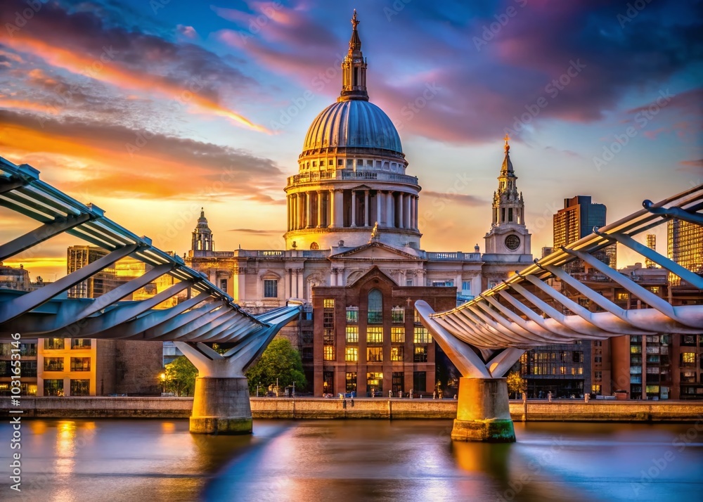 Obraz premium Stunning Macro View of St Paul's Cathedral and Millennium Bridge Under a Clear Blue Sky