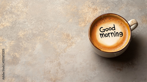 AI generated image of 16:9 horizontal format of light marble table with coffee cup with text “ Good morning “