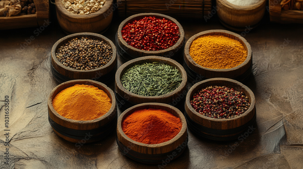 vibrant display of various spices in wooden bowls, showcasing rich palette of colors and textures. arrangement highlights diversity of spices, evoking sense of culinary creativity and warmth vibrant display of various spices in wooden bowls, showcasing rich palette of colors and textures. arrangement highlights diversity of spices, evoking sense of culinary creativity and warmth