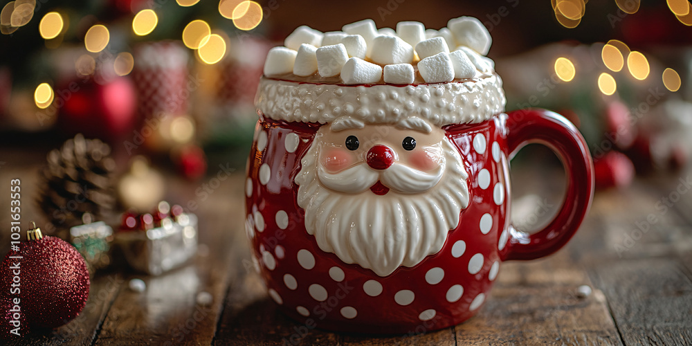 Obraz premium Hot drink with marshmallows and candy cane in red mug. Fir cones, spices in the background. Cozy seasonal holidays 