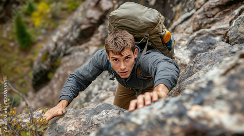 Focused Hiker Gripping a Rock While Climbing a Steep Trail