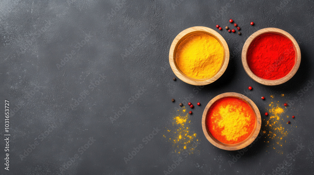 Spices in wooden bowls create vibrant rustic kitchen scene, showcasing yellow, red, and orange powders against dark background. arrangement evokes warmth and culinary creativity Spices in wooden bowls create vibrant rustic kitchen scene, showcasing yellow, red, and orange powders against dark background. arrangement evokes warmth and culinary creativity