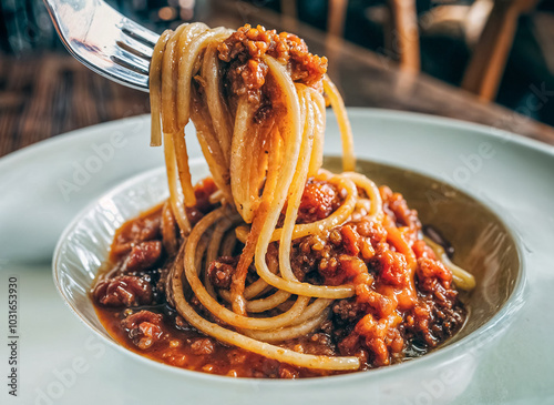 Fourchette et spaghettis bolognaise en gros plan, délicieux  photo