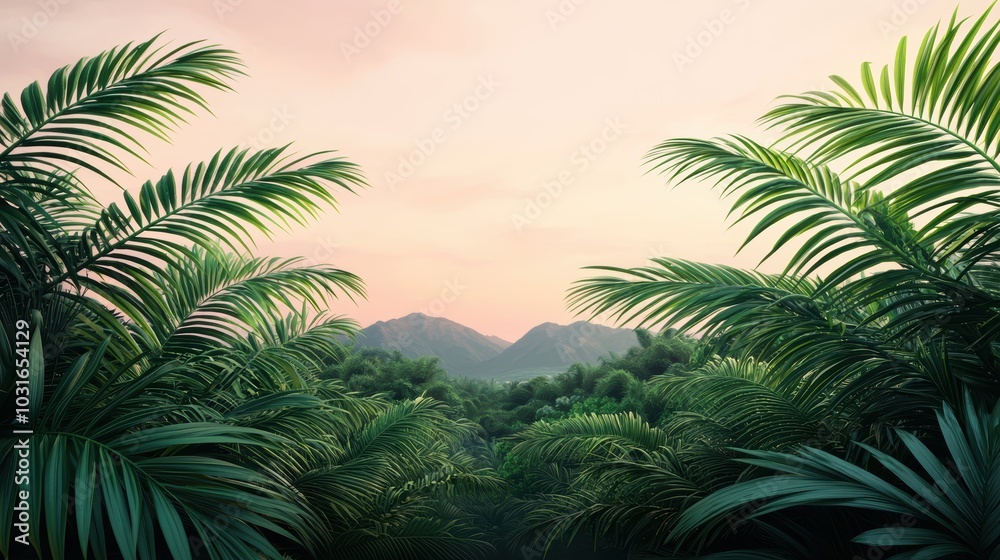 Lush tropical foliage blends seamlessly with distant mountains under a pastel sky, creating a serene landscape.
