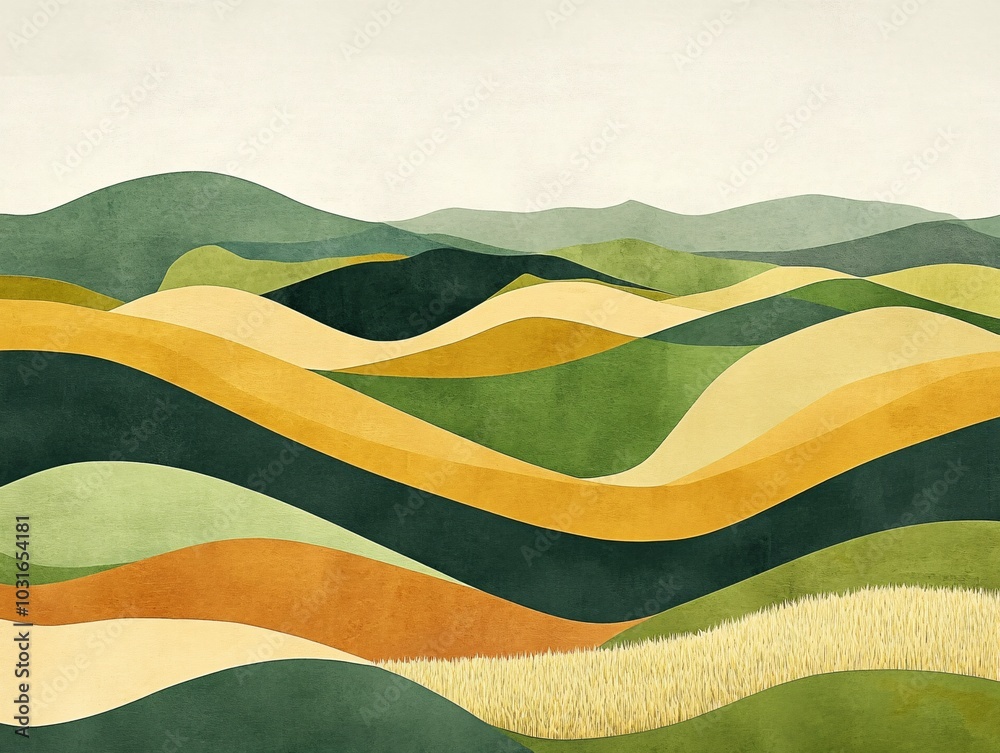 2408 9.A minimalistic rural landscape with abstract fields of rice, wheat, and corn, set against rolling green hills. The fields are illustrated with soft textures and simple geometric shapes, 2408 9.A minimalistic rural landscape with abstract fields of rice, wheat, and corn, set against rolling green hills. The fields are illustrated with soft textures and simple geometric shapes,