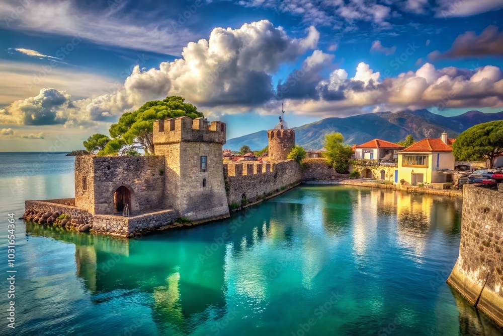 Stunning Morning at Nafpaktos Old Port Gate with Turquoise Ionian Sea and Dramatic Blue Sky Stunning Morning at Nafpaktos Old Port Gate with Turquoise Ionian Sea and Dramatic Blue Sky