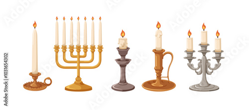 Vintage candles in retro-style candlesticks, candelabra, set. Antique candleh...