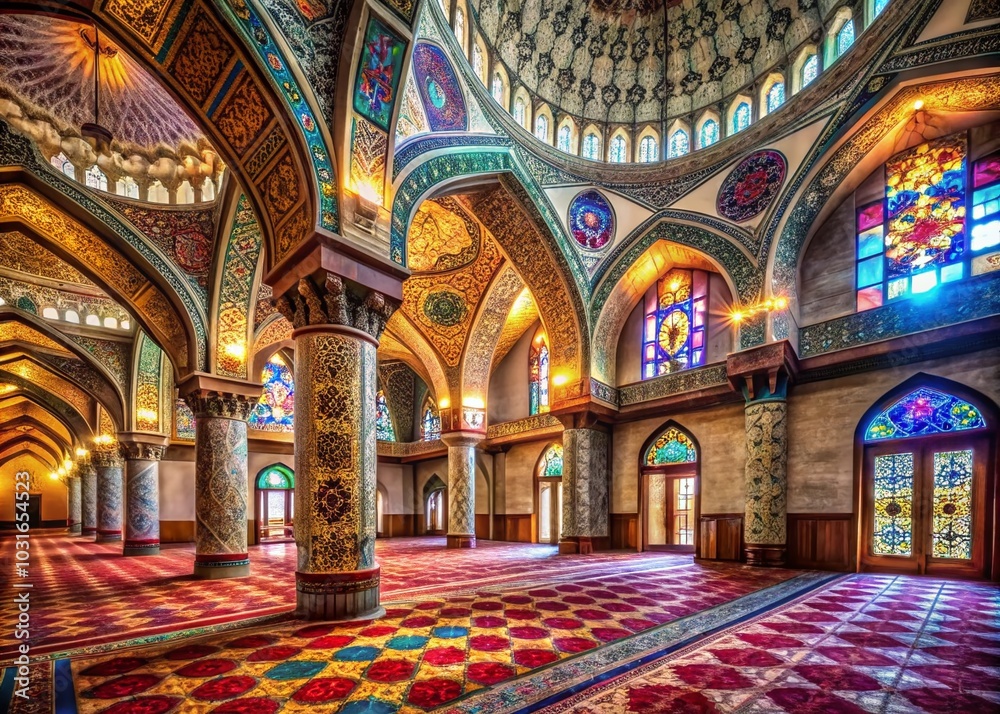Obraz premium Stunning Mosque Interior with Ornate Architecture and Vibrant Colors for Architectural Photography