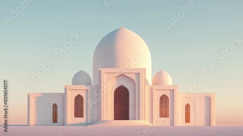 Majestic white dome structure on a serene backdrop, showcasing intricate architectural details.