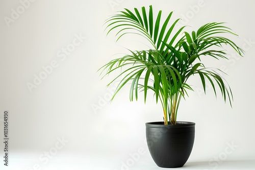 A palm plant in a black pot against a white wall