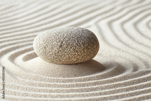 A peaceful zen garden with perfectly raked sand patterns and a single rock in the center. 