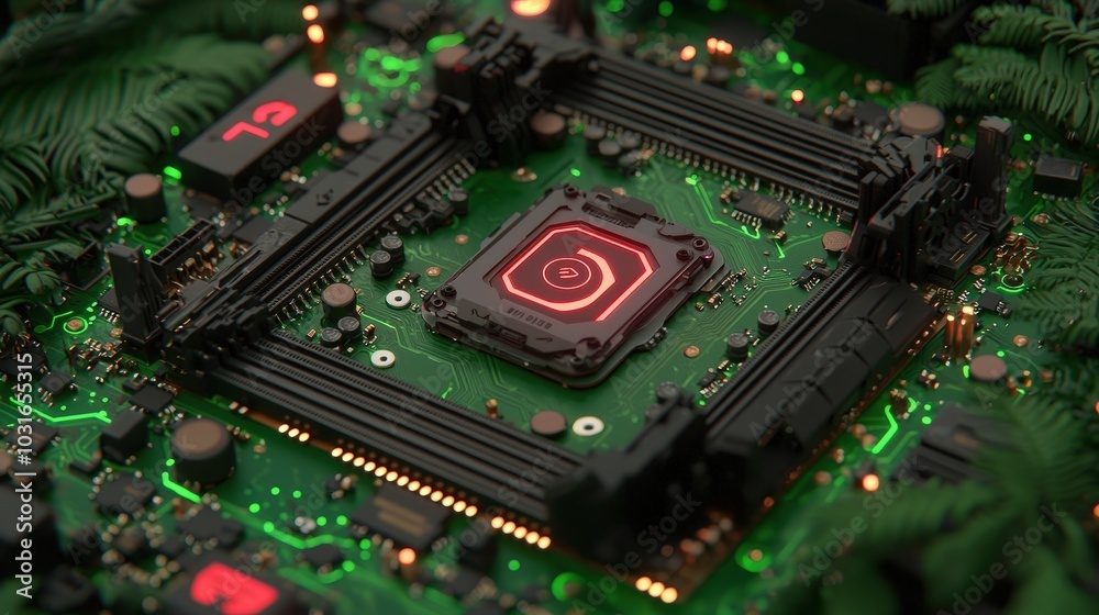 Futuristic Motherboard with Glowing Chip and Circuitry Futuristic Motherboard with Glowing Chip and Circuitry