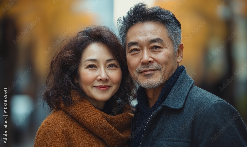 Portrait Asian middle aged couple in urban city, Generative AI Portrait Asian middle aged couple in urban city, Generative AI