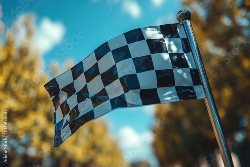 A black and white checkered racing flag waving, symbolizing the end or start of a race or victory in motorsports.