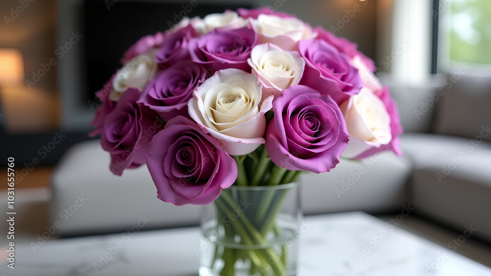 Eleganter Rosenstrauß aus lila und weißen Rosen in einer Glasvase, perfekt arrangiert in einem modernen Wohnzimmer. Eleganter Rosenstrauß aus lila und weißen Rosen in einer Glasvase, perfekt arrangiert in einem modernen Wohnzimmer.
