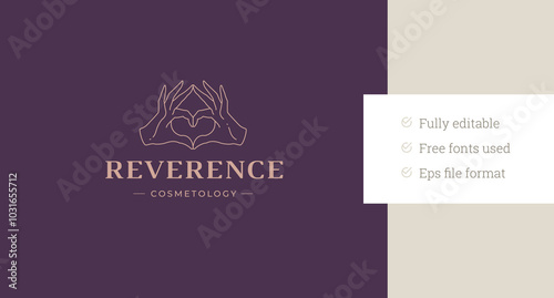 Beauty female hands heart love shape line art logo design template vector illustration. Romantic finger gesture luxury minimalist linear logotype for wellness spa meditation studio cosmetology makeup