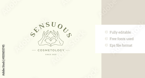 Gentle hands showing heart shape line art logo design template for manicure studio vector illustration. Elegant feminine arms fingers love romantic gesture linear logotype for massage yoga spa salon