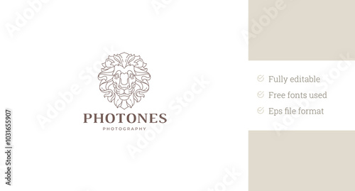 Lion muzzle luxury portrait line art logo design template for beauty salon vector illustration. Leo wild animal with mane head minimalist linear logotype for spa wellness cosmetology cosmetic brand