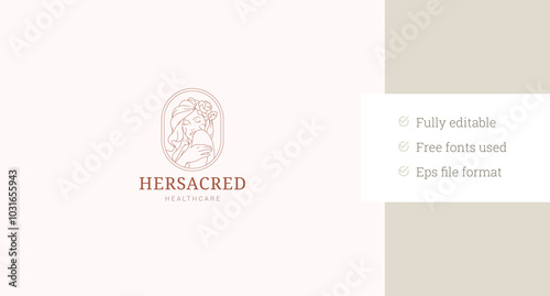 Elegant woman portrait with rose flower in hair line art logo design template vector illustration. Beautiful young female ellipse minimalist linear logotype for coiffure hairdresser beauty spa salon