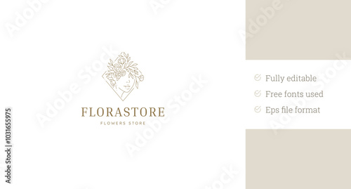 Beautiful botanical woman floral rhombus portrait line art logo design template vector illustration. Elegant female blossom face minimalist linear logotype for makeup artist cosmetology beauty brand