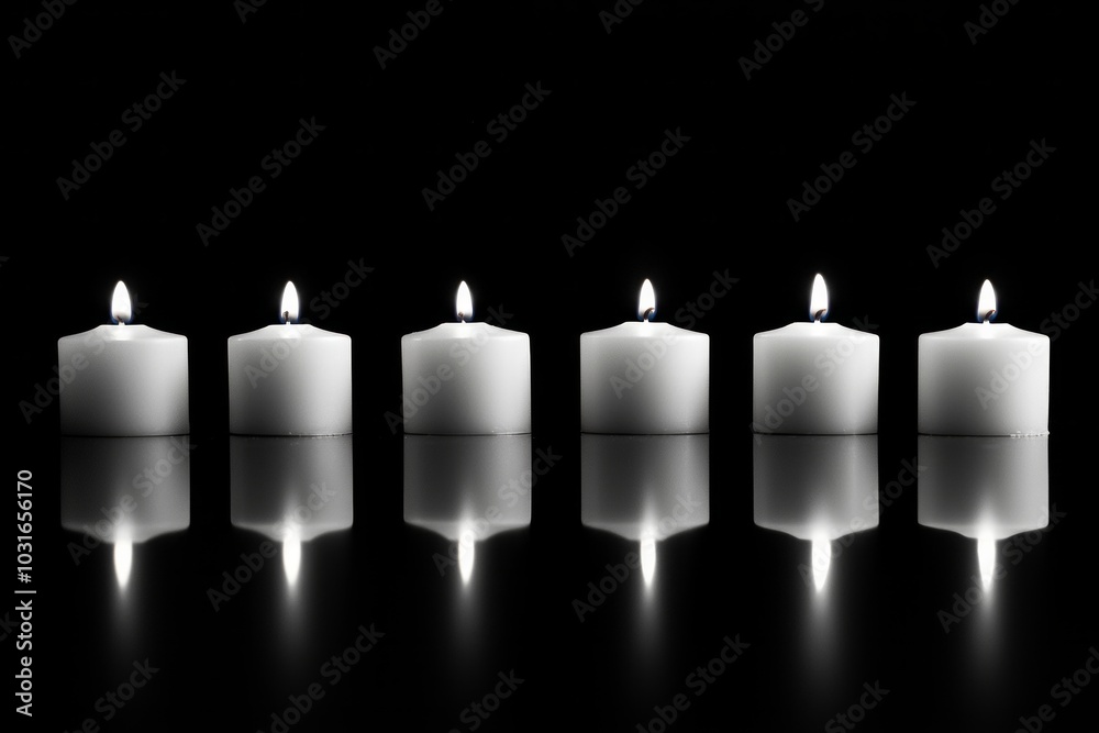 A row of white candles in a dark room, all but one unlit, creating a striking contrast. A row of white candles in a dark room, all but one unlit, creating a striking contrast.