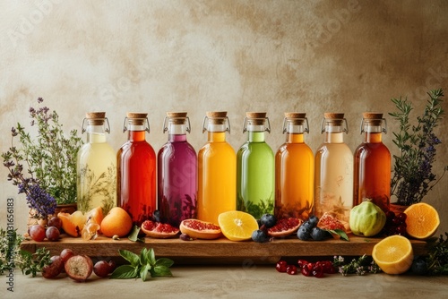 A collection of colorful artisan kombucha bottles with unique labels, arranged on a wooden tray with fresh fruit and herbs surrounding them, shot in natural light against a neutral background photo