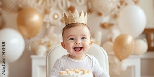 Smiling baby with crown celebrating first birthday in gold and white decor photo