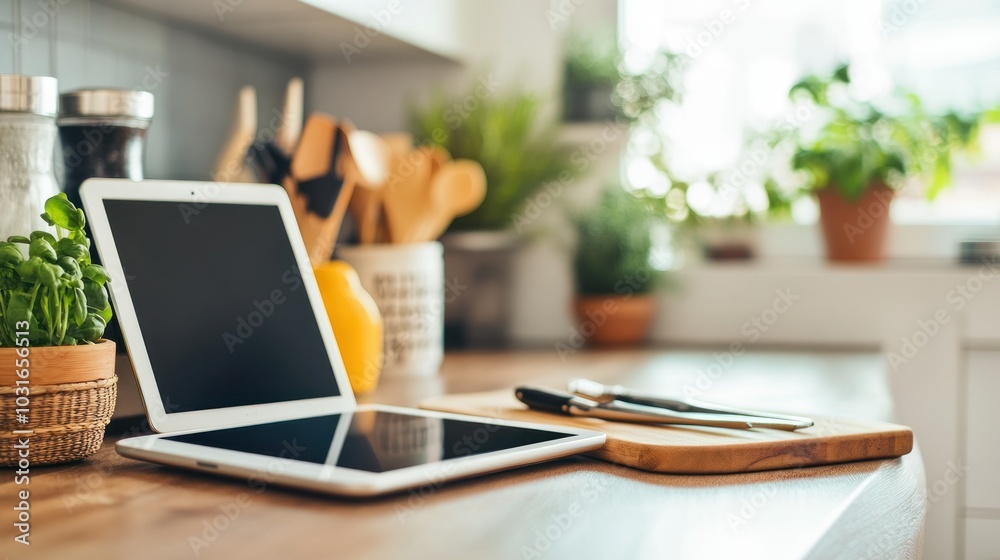 Tablet, Cutting Board, and Kitchen Utensils on a Wooden Countertop Tablet, Cutting Board, and Kitchen Utensils on a Wooden Countertop