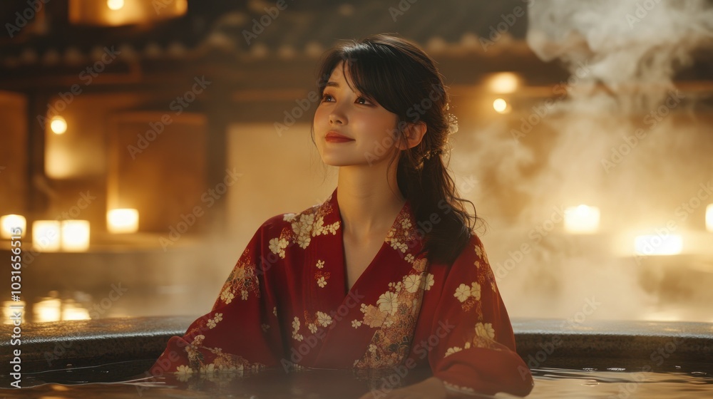 A Woman in a Red Floral Kimono Relaxing in a Japanese Hot Spring A Woman in a Red Floral Kimono Relaxing in a Japanese Hot Spring