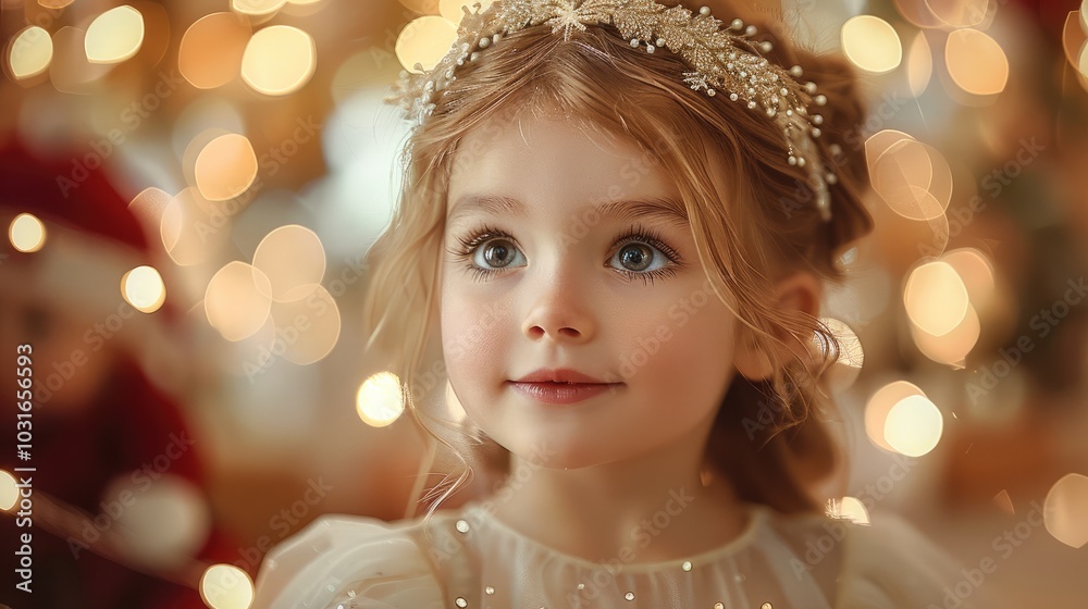 A little girl wearing a princess dress. Her costume is rich in details, and lighting is warm, The atmosphere was joyful and exciting. Create a Christmas party. A little girl wearing a princess dress. Her costume is rich in details, and lighting is warm, The atmosphere was joyful and exciting. Create a Christmas party.
