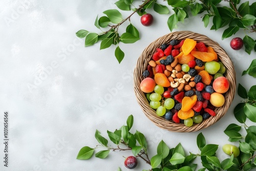 Dried fruits and nuts mixed in a wicker plate, branch with young green leaves. Concept of the Jewish holiday Tu Bishvat on white background with copy space  photo