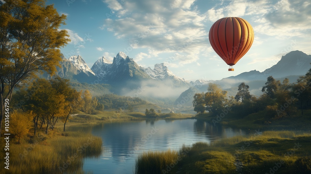 Obraz premium Scenic Landscape with Hot Air Balloon Over Mountains