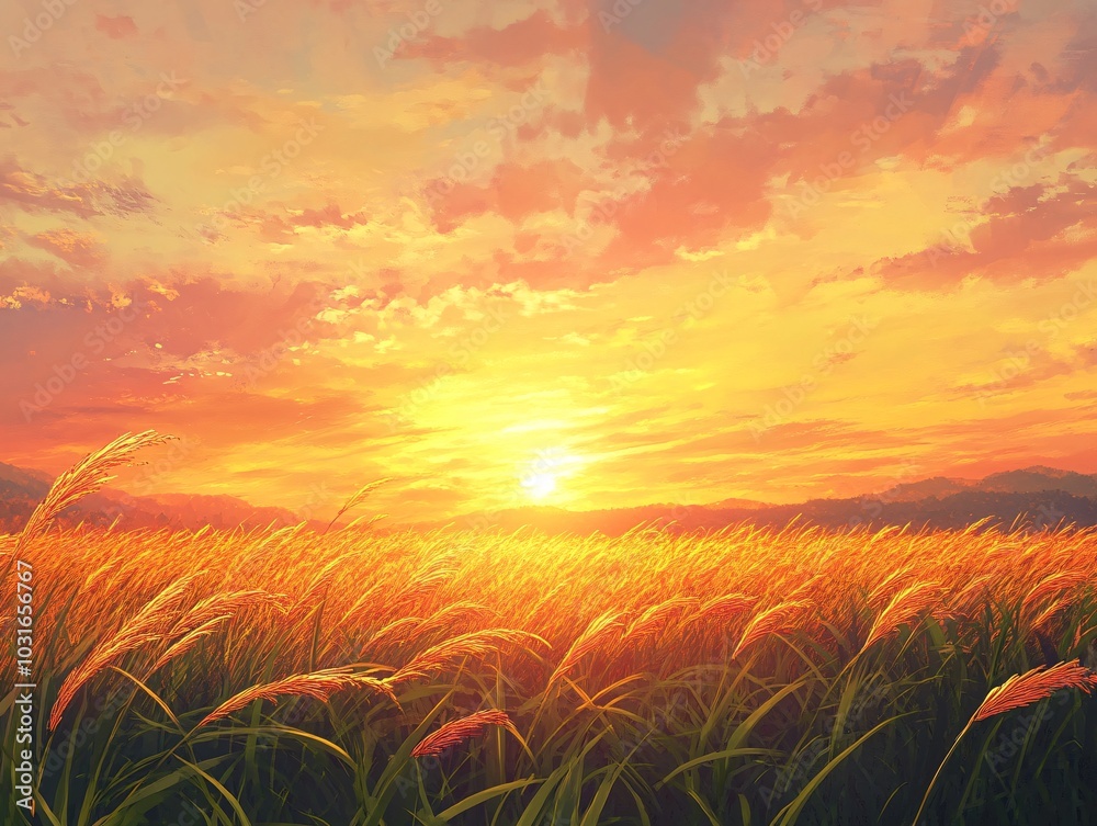 Fototapeta premium 2408 65.A stunning sunset landscape featuring a vast grass field bathed in golden light. The soft, swaying grasses are lit by the sunbeam, creating long, serene shadows across the meadow. The horizon