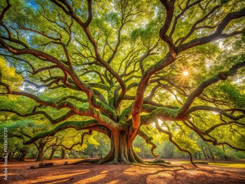 Stunning Panorama of Angel Oak Tree Branches Showcasing Nature's Beauty and Historic Significance in South Carolina photo