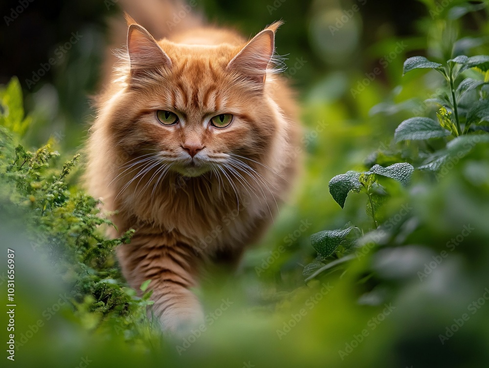 Obraz premium 2408 84.A close-up summer portrait of a fluffy Siberian red cat walking confidently through a green garden. The catâ€™s rich orange fur contrasts with the deep green grass, creating a vibrant natural