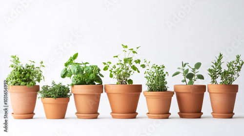 terracotta pots filled with a variety of fresh herbs against a white background.