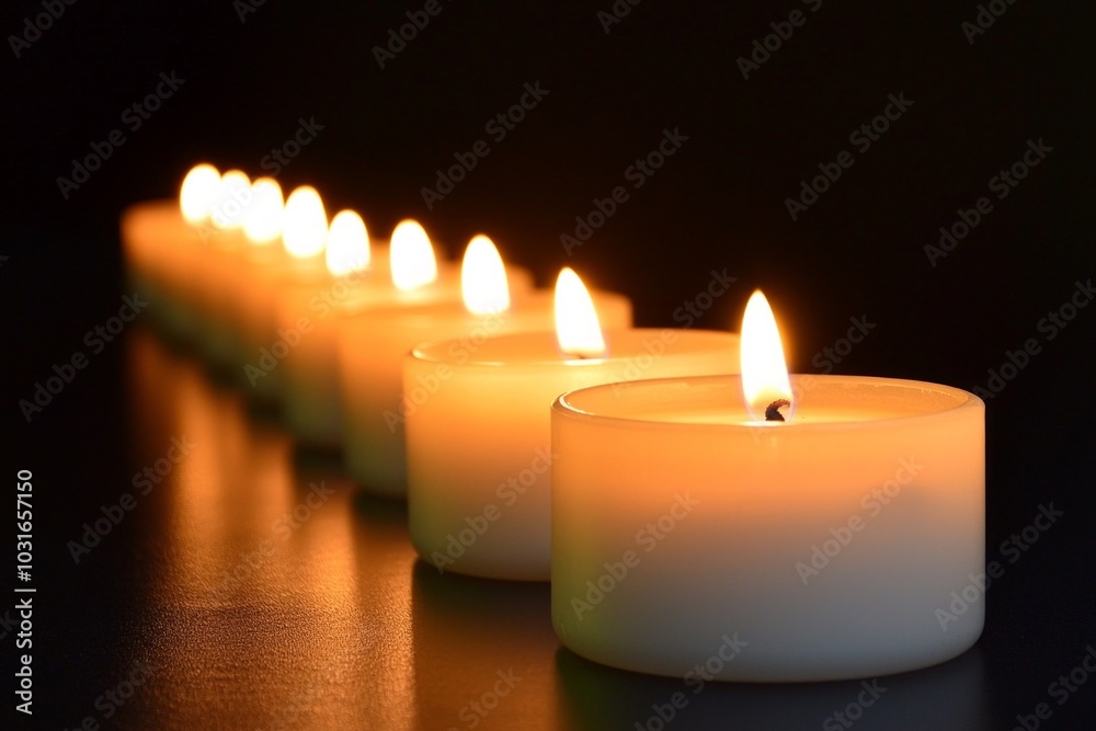 A row of white candles in a dark room, all but one unlit, creating a striking contrast. A row of white candles in a dark room, all but one unlit, creating a striking contrast.