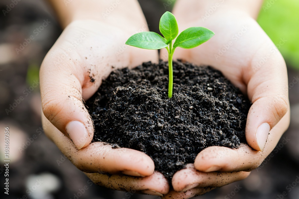 Hands Holding Fresh Soil with Growing Plant Hands Holding Fresh Soil with Growing Plant
