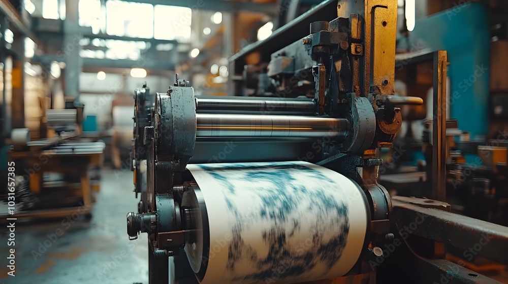 Close up view of an color printing press in a printing house or publishing facility Close up view of an color printing press in a printing house or publishing facility