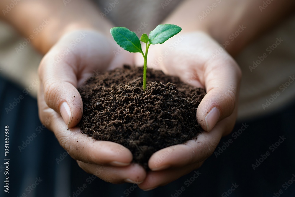Hands Holding Fresh Soil and Young Plant Hands Holding Fresh Soil and Young Plant