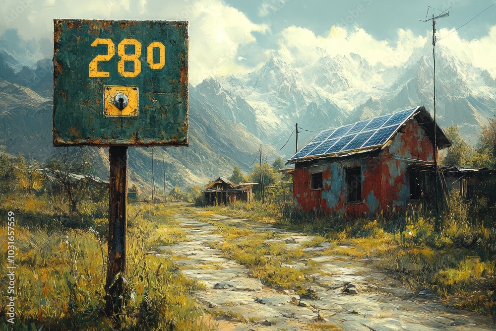 Obraz premium A rustic road leading to a small village nestled in the foothills of snow-capped mountains with a signpost showing 280 and a solar panel on the roof of a house.