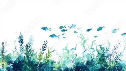 watercolor blue green sea life illustration with fish and seaweed underwater scene