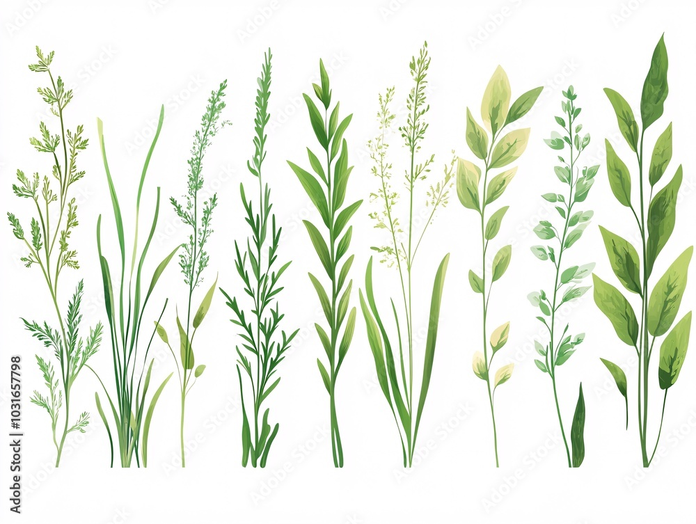 2408 56.A flat-style vector illustration of various types of grass blades arranged in different heights and textures. The green blades are simple yet detailed, with sharp edges and soft curves, 2408 56.A flat-style vector illustration of various types of grass blades arranged in different heights and textures. The green blades are simple yet detailed, with sharp edges and soft curves,