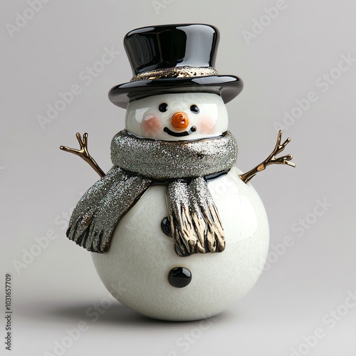 Charming ceramic snowman wearing hat and scarf, standing against a soft gray backdrop.