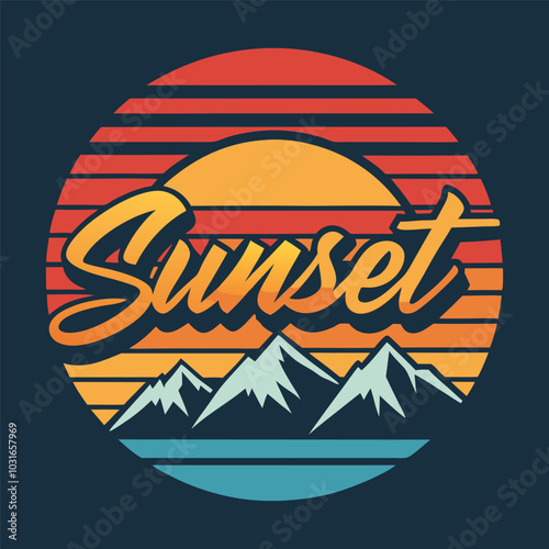Retro Sunset Mountain Logo with Bold Script Typography and Colorful Horizon