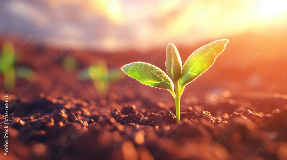 A Single Sprout Emerging from Dark Soil Against a Sunset Backdrop A Single Sprout Emerging from Dark Soil Against a Sunset Backdrop