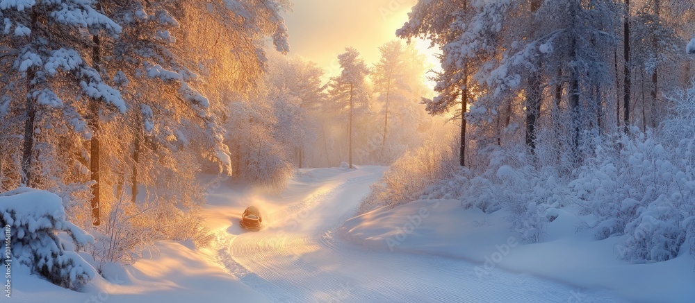 A snow-covered forest path bathed in the warm glow of the setting sun. A snow-covered forest path bathed in the warm glow of the setting sun.