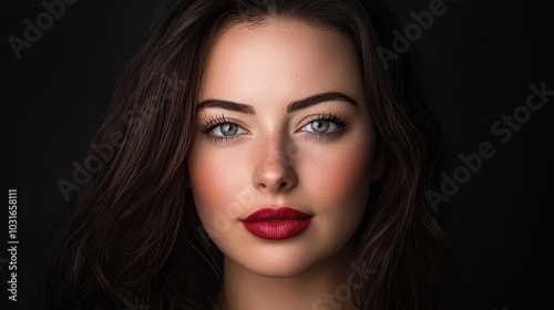  A tight shot of a woman with dark hair, blue eyes, and red lipstick against a black backdrop