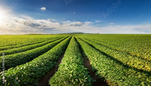 field and sky, Agricultural soy plantation on sunny day - Green growing soybeans plant with sunlight on field